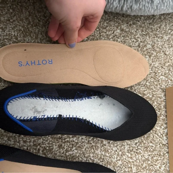 Rothy's The Daily Flat Black Knit Ballet Flats with Blue Heel Trim - Picture 10 of 11